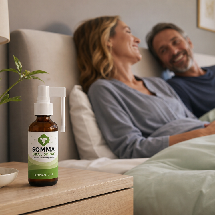 Somma Anti-Snoring Spray beside a relaxed couple